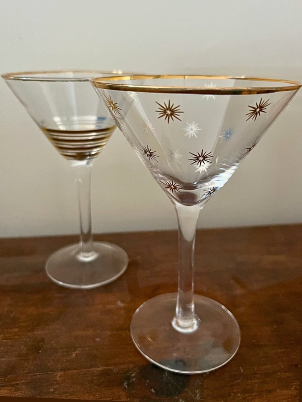 Vintage Atomic Gold Martini Cocktail Glasses | MCM Barware Pair Set of 2